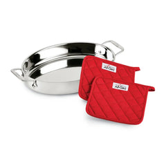 Specialty Cookware, 3 Piece Stainless Steel Oval Baker with 2 red pot holders, 15 inch