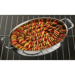 Specialty Cookware, 3 Piece Stainless Steel Oval Baker with 2 red pot holders, 15 inch