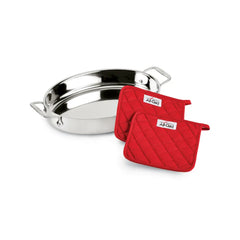 Specialty Cookware, 3 Piece Stainless Steel Oval Baker with 2 red pot holders, 15 inch