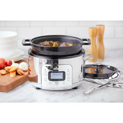 Stainless Steel 6-in-1 Digital Slow Cooker with Enameled Cast Iron Pot; 5 quart