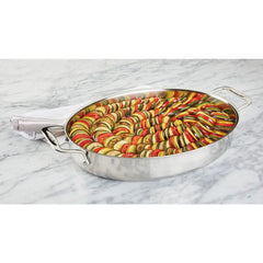 Specialty Cookware, 3 Piece Stainless Steel Oval Baker with 2 red pot holders, 15 inch