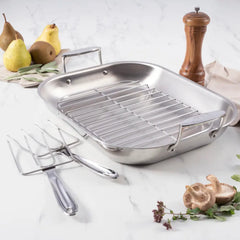 D3 Stainless 3-Ply Bonded Cookware, Large Flared Roaster with Rack and Two Turkey Forks