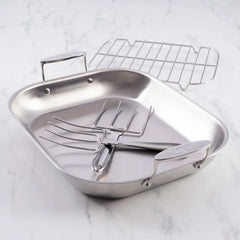 D3 Stainless 3-Ply Bonded Cookware, Large Flared Roaster with Rack and Two Turkey Forks
