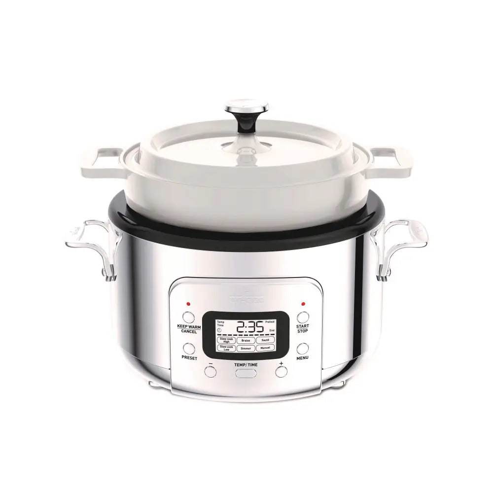 Stainless Steel 6-in-1 Digital Slow Cooker with Removable Cast Iron Pot, 5 quart