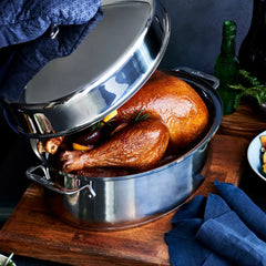 Specialty Cookware, Stainless Steel Oval Roaster with flat rack and lid, 15 inch